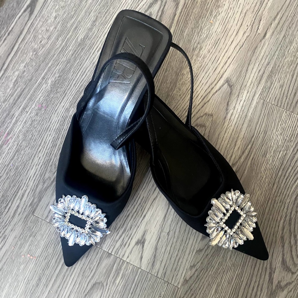 Zara Black Shimmery Slingback Heels Sandals